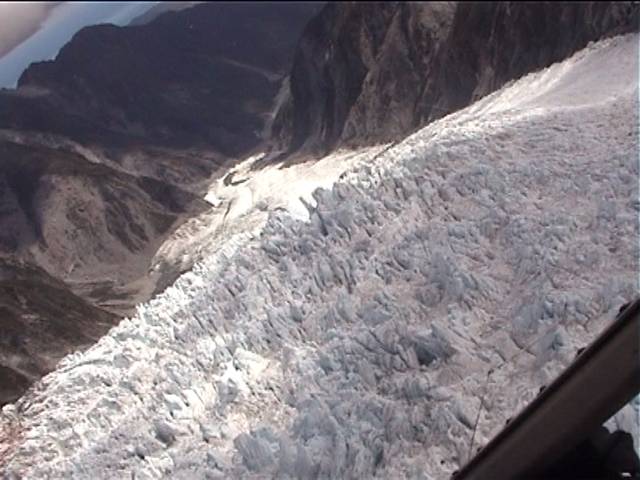 From the helicopter, flying over the glacier