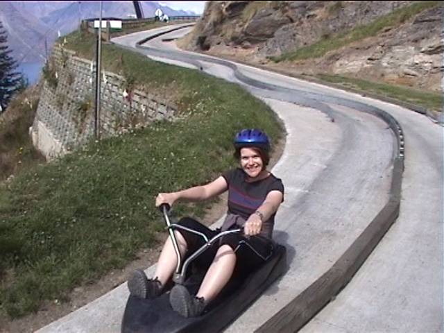 Jane coming down the skyline luge at Queenstown