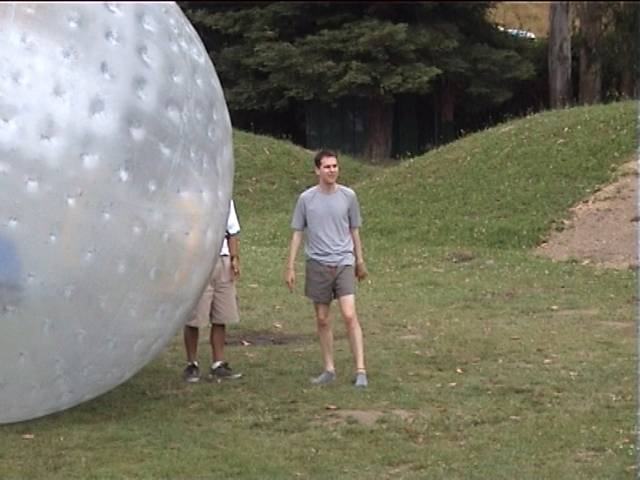 Richard gets out of his Zorb
